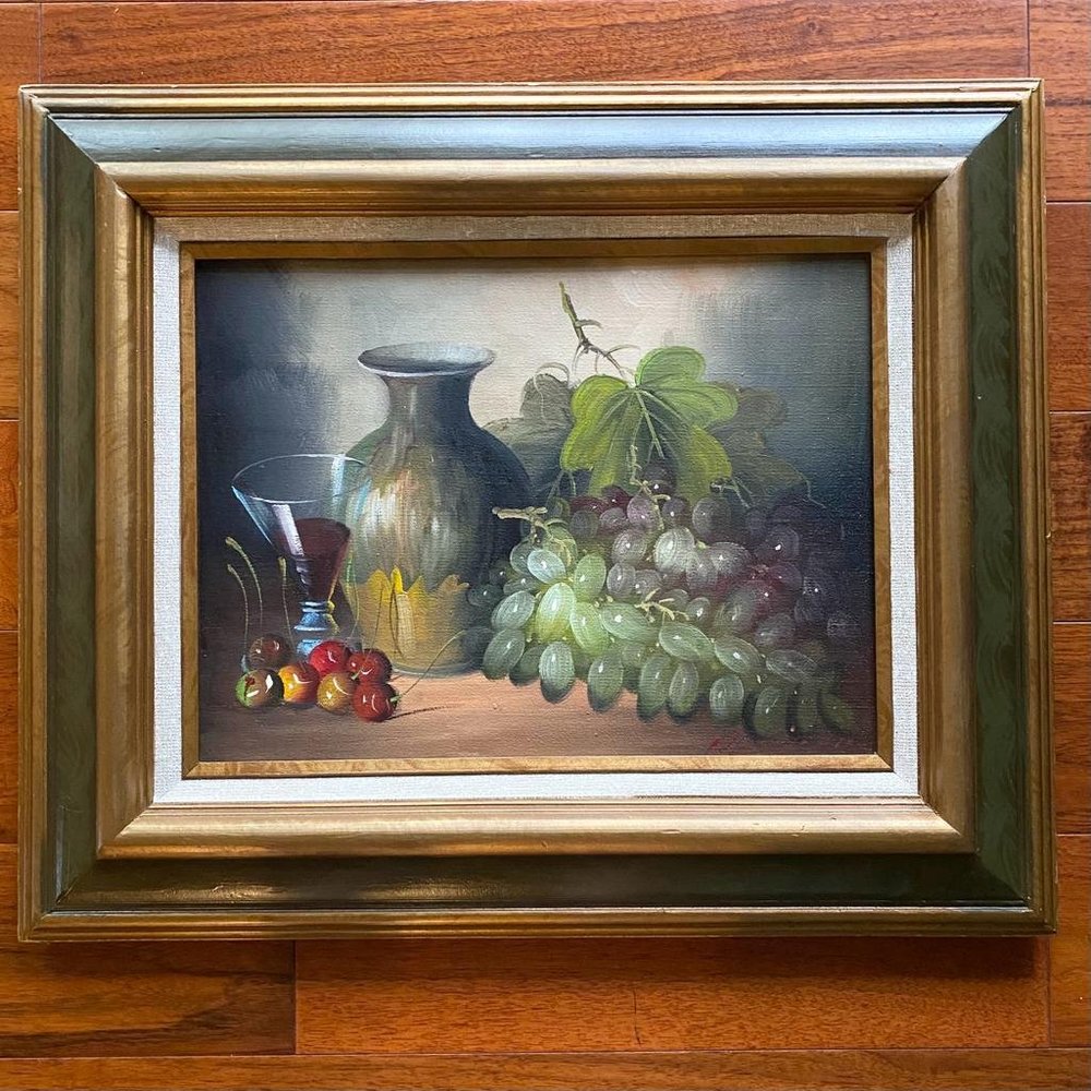 Signed Still Life Oil Painting Of A Vase, A Glass Of Wine, Grapes and Cherries